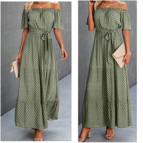 Dresses & Skirts - Boho Polka Dot Off Shoulder Ruffle hem Belted Maxi Dress